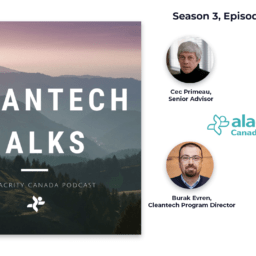 An image of rolling hills with text that says "Cleantech Talks, An Alacrity Canada Podcast" overlaid, and four headshots of advisors that interact with the Cleantech program run by Alacrity Canada that are featured on this podcast episode.
